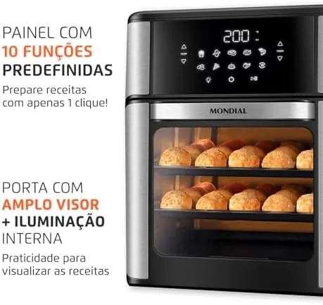 MONDIAL Fritadeira Air Fryer Forno Oven 12L, Preto/Inox, 2000W, 110V - AFON-12L-BI — foto 5